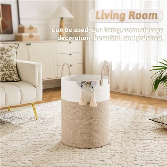 Laundry Basket,Woven Cotton Rope Laundry Hamper,60L for Decor Storage of Dirty - Picture 6 of 16